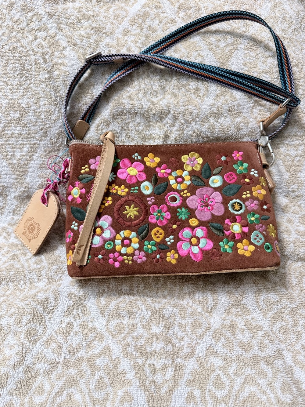 Consuela Sienna Brown Suede Crossbody with Pink & Green Floral Embroidery
